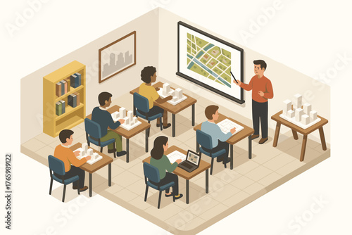 Classroom gis training with diverse students and instructor teaching urban planning