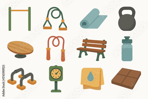 Set of exercise equipment icons including weights, jump rope, and yoga mat