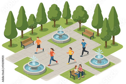 Isometric park scene with people jogging and relaxing near fountains
