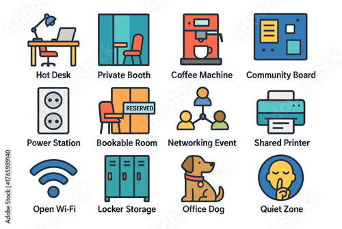 Modern office amenities icon set: hot desk, coffee machine, networking, and more