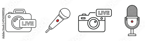 Vector art of live stream icon set, featuring camera and microphone symbols for broadcasting, recording, and online communication on transparent background