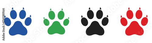 Vector art of four colorful paw prints blue, green, black, and red, each with distinct claws, arranged in a horizontal row on transparent background