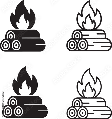Isolated firewood stack icon set, chopped wood pile, black line, minimal thin stroke, fireplace firewood vector, solid black outline, cozy winter warmth editable firewood vector art
