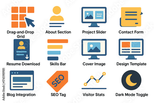 Web design icons set: drag-and-drop, seo, analytics, and more