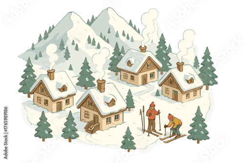 Snowy mountain village with skiers in winter landscape