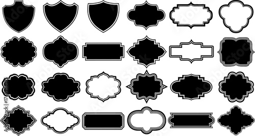 Collection of Black and White Decorative Frames and Labels in Various Shapes Keywords: frame, label, border, badge, shield, crest, ornamental, decorative, vintage, retro, antique, blank, empty