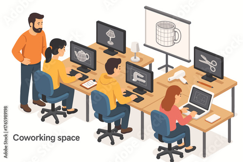 Diverse office team in modern workspace with computers and 3d design