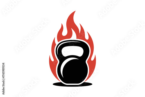 A kettlebell is depicted with flames symbolizing intensity and heat during a workout.