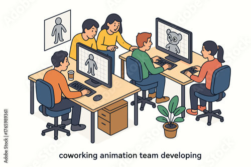 Team of diverse animated characters collaborating in a creative workspace