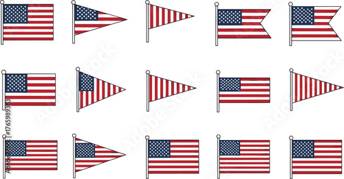 Collection of American Flags in Different Styles and Orientations on White Background Keywords: American flag, USA flag, stars and stripes, flag, banner, united states, america, patriotism