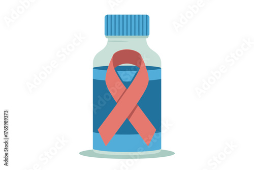A pink ribbon on a bottle of blue liquid symbolizes awareness and support for health causes.