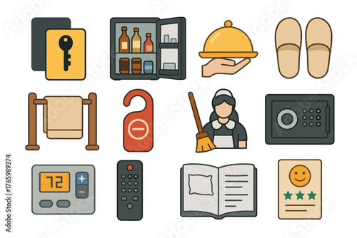 Hotel room icons set featuring key, minibar, room service, and cleaning staff