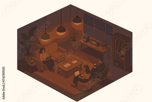 Cozy evening gathering in modern living room with three adults relaxing