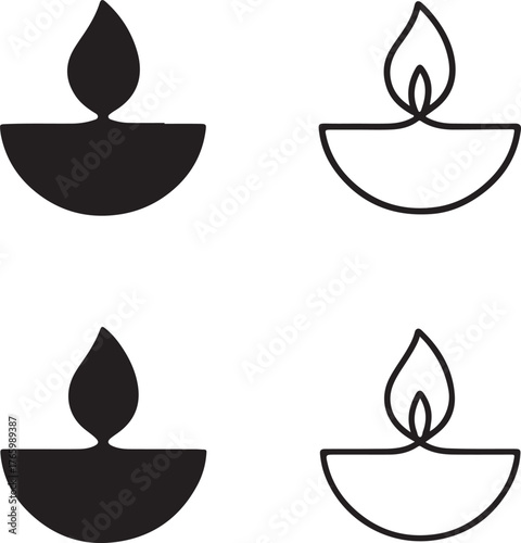 Isolated Diwali lamp icon set, diya light symbol, festival of lights, minimal thin stroke, solid black outline, glowing celebration vector, Diwali lamp editable festive vector art