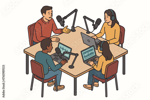 Diverse group of young adults recording a podcast around a table with laptops and microphones