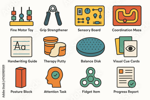 Variety of therapy tools and activities for skill development