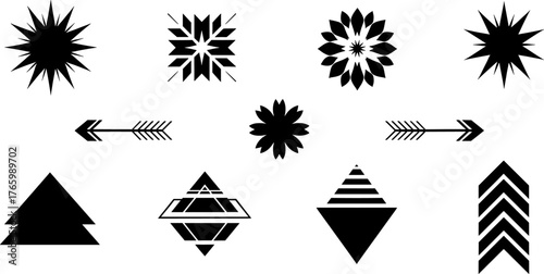 Collection of black geometric shapes and symbols on a white background Keywords: starburst, geometric, shape, arrow, triangle, chevron, abstract, design element, icon, symbol, black and white
