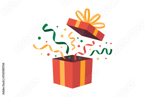 A festive red gift box opens with colorful confetti and streamers bursting out.