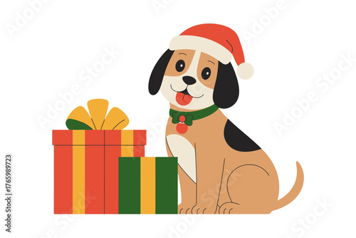 A happy dog wearing a Santa hat sits next to wrapped Christmas presents.