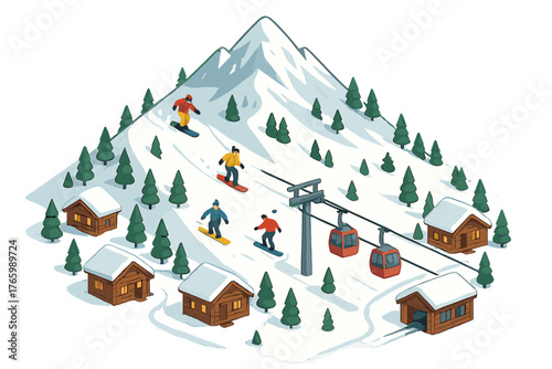 Winter wonderland: skiers and snowboarders on mountain slope with cabins and gondola
