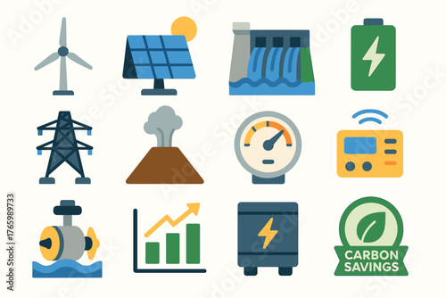 Renewable energy icons: wind, solar, hydro, battery, efficiency, carbon savings symbols