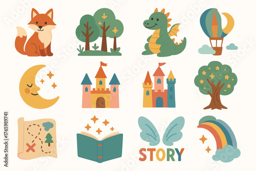 Enchanting fairytale icons: fox, dragon, castle, moon, and rainbow