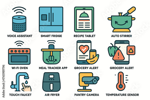 Smart kitchen gadgets: voice assistant, recipe tablet, auto stirrer, wi-fi oven, grocery alert