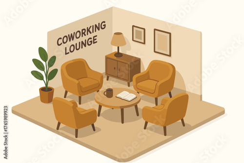 Cozy coworking lounge with armchairs, table, and decorative plants in isometric design