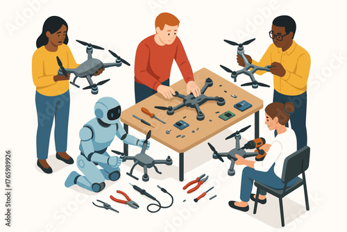 Diverse team of adults building drones and a robot collaboratively around a table