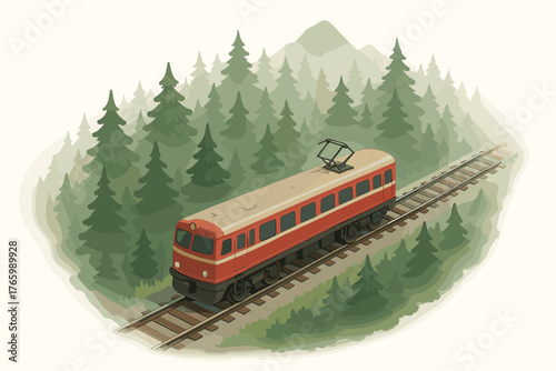 Vintage red train on track surrounded by lush forest and mountainous landscape