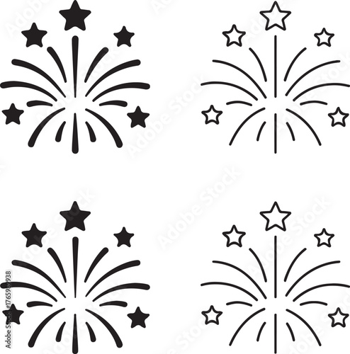 Isolated fireworks icon set, celebration festival, holiday explosion, minimal thin stroke, solid black outline, festive lights, new year fireworks vector, joyful celebration vector art