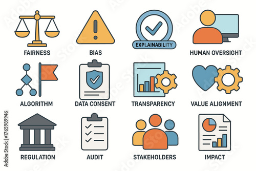 Illustration of key ai ethics concepts: fairness, transparency, and human oversight