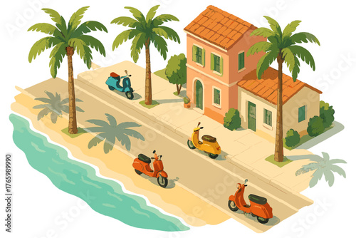 Coastal street with scooters and house under palm trees