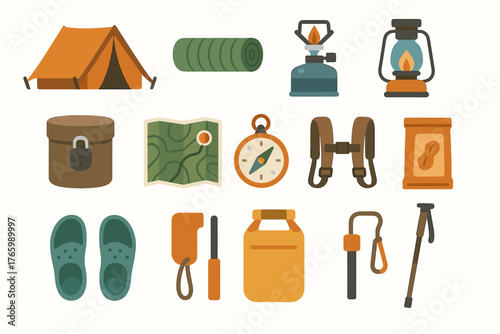 Camping equipment icons: tent, backpack, map, compass, lantern, stove, shoes, accessories