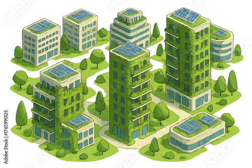 Futuristic eco-friendly green buildings with solar panels and vertical gardens