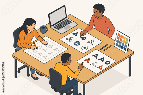 Young multiracial team collaborating on graphic design project at office table