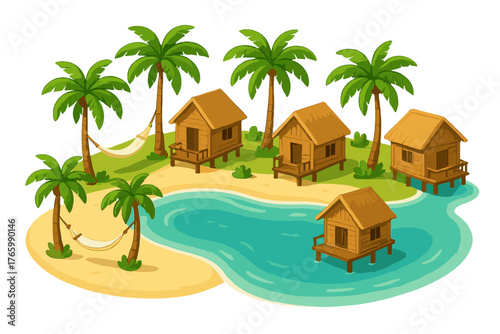 Tropical island resort with wooden huts, palm trees, and hammocks by a lagoon