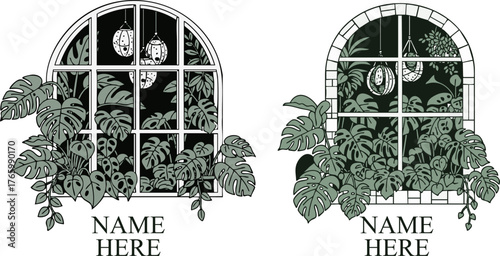Two arched windows with monstera plants and hanging lights in a minimalist style