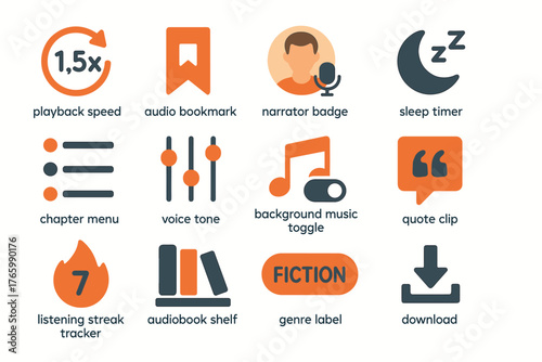 Audio features and icons: playback speed, sleep timer, voice tone, audiobook shelf