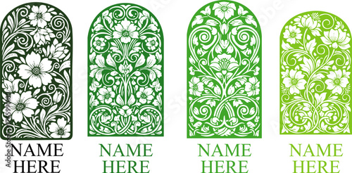 Four stylized tombstones with different shades of green on a black background