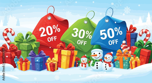 Vector illustration of christmas sale with gift boxes, snowmen, and discount tags, festive winter scene with candy canes and snowflakes, holiday shopping promotion