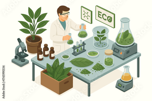 Eco-friendly lab research with young caucasian male scientist testing green plant samples
