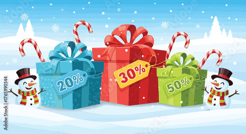 Vector illustration of christmas gift boxes with discount tags and candy canes, surrounded by snowmen and falling snow, festive winter holiday sale concept