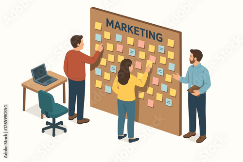 Team collaborating on marketing strategy with sticky notes on board - diverse young adults