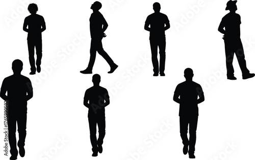 Standing and walking male silhouettes collection, casual men poses isolated on white background, black people outline art design, cad drawing flat vector illustration