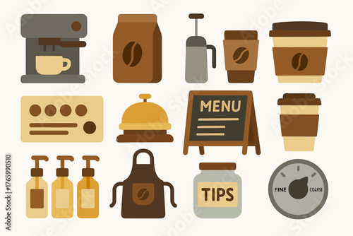 Coffee shop essentials: equipment, menu, and tipping jar icons