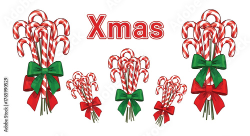 Festive xmas illustration with candy canes and bows isolated on white background