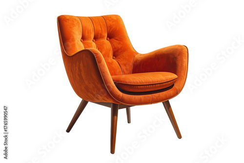 Elegant tufted orange velvet armchair showcasing luxurious retro interior design with modern wooden legs