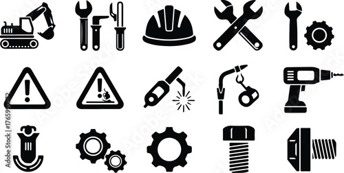 Collection of construction and industrial icons, including an excavator, tools, hard hat, gears, and safety signs, isolated on white background