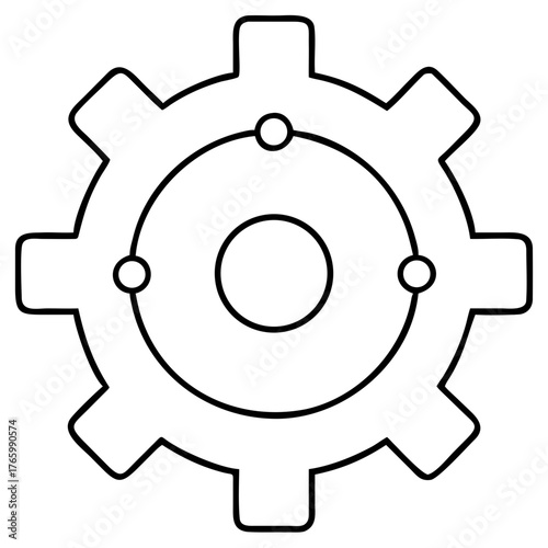 Vector art of a simple black and white outline drawing of a gear with three dots